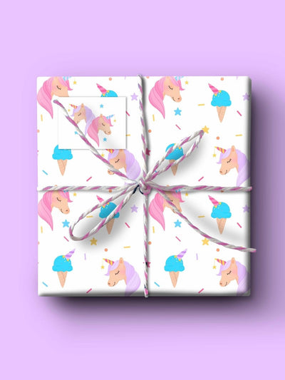 Sprinkles of Magic wrapping paper featuring unicorns, ice cream and sprinkles